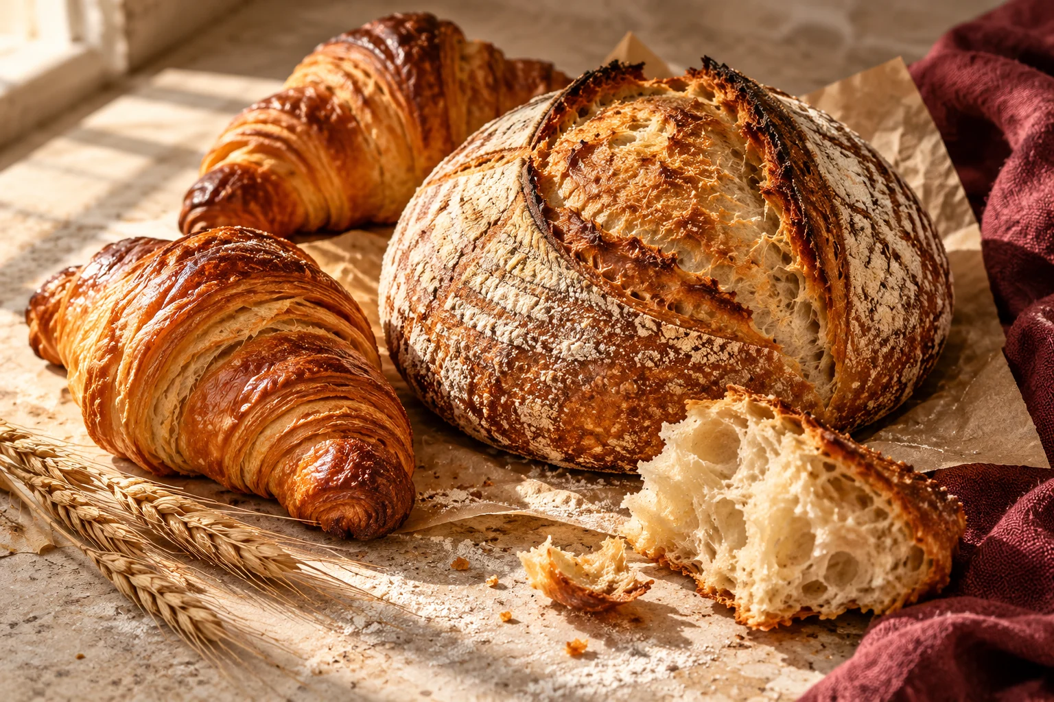 Pain au levain et croissants dorés sur une table ensoleillée